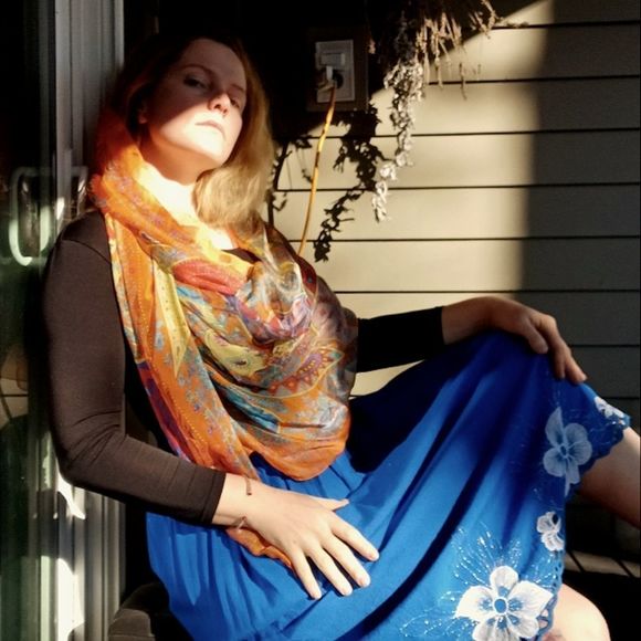 Gossamer silk blend scarf in orange yellow and green motif - Picture 8 of 13